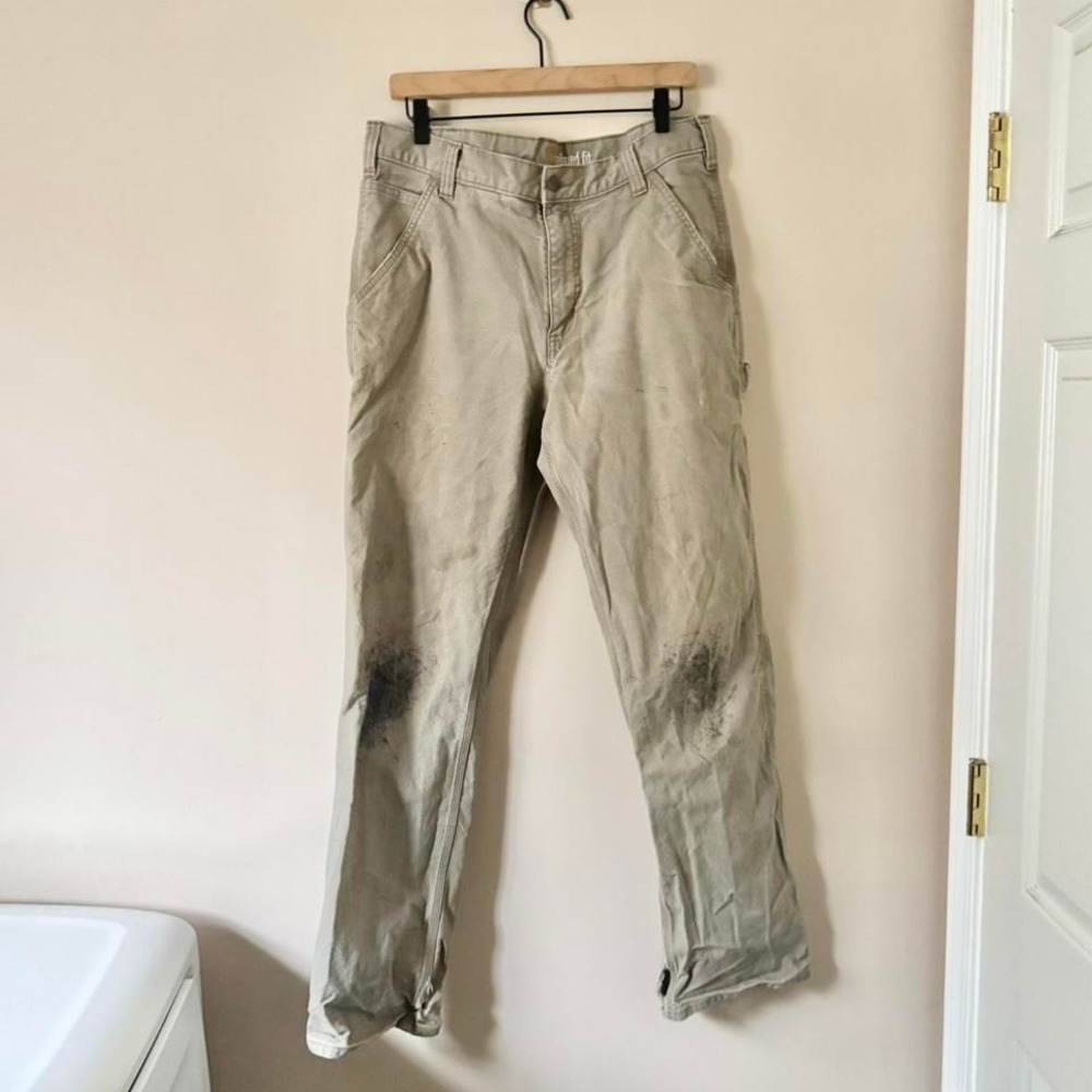Distressed Carhartt Pant 34x34 Taupe Gray Relaxed Fit Workwear Thrashed